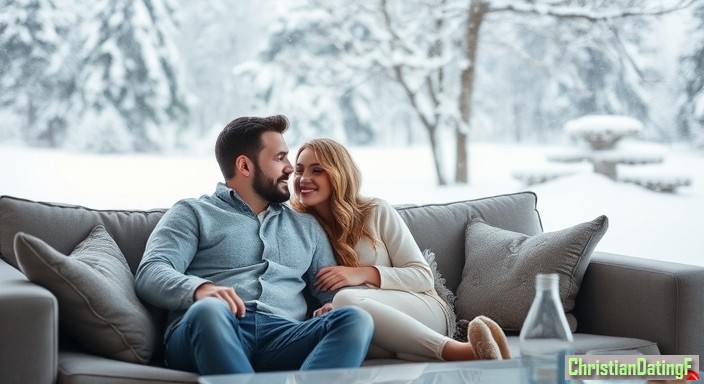 Christian couple on couch looking snow outside